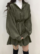 Corduroy Solid Belt Button Drop Shoulder Long Sleeve Dress
